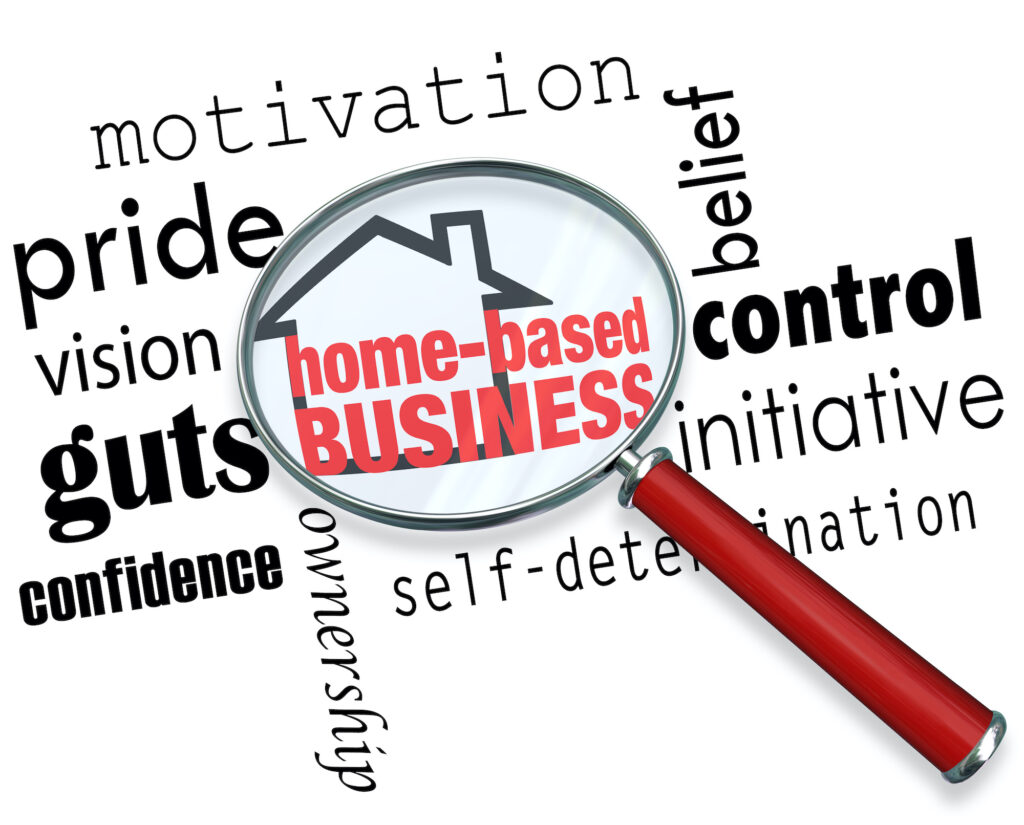 Home Based Business words and house icon under a magnifying glass surrounded by qualities of a self employed person including motivation, pride, vision, guts, confidence, belief, control and initiative